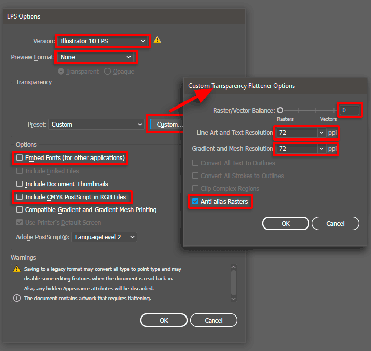 Настройка сохранения вектора в формате EPS Adobe Illustrator для стоков